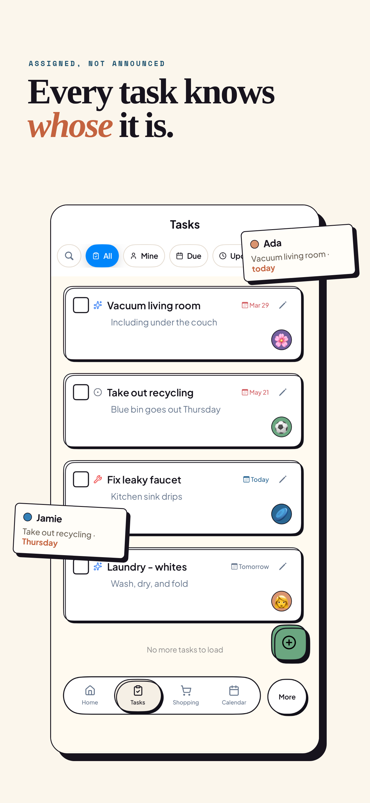 Clarity Home feature card showing tasks assigned to specific family members