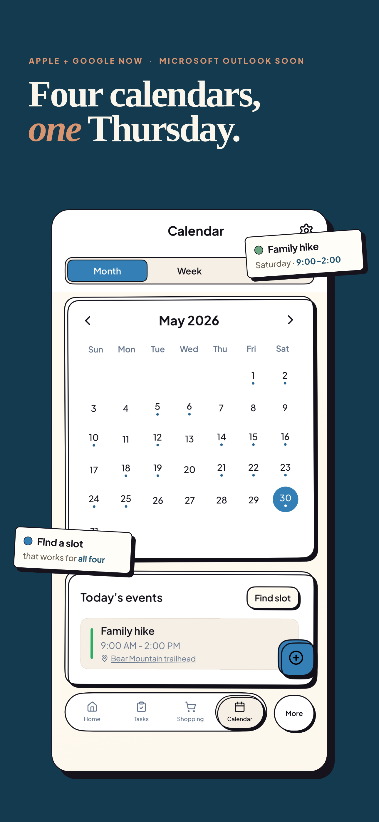 Clarity Home feature card showing calendar sync across Apple and Google, with Microsoft Outlook coming soon