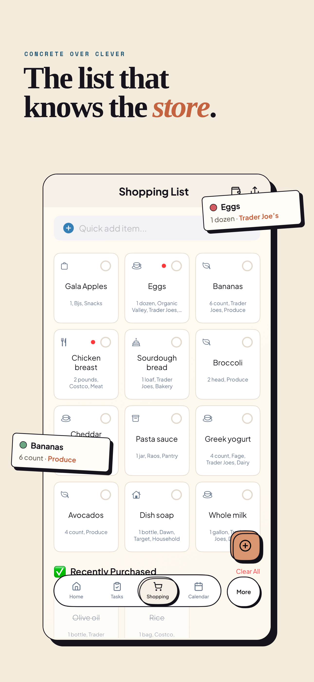 Clarity Home feature card showing a smart shopping list organized by store and category
