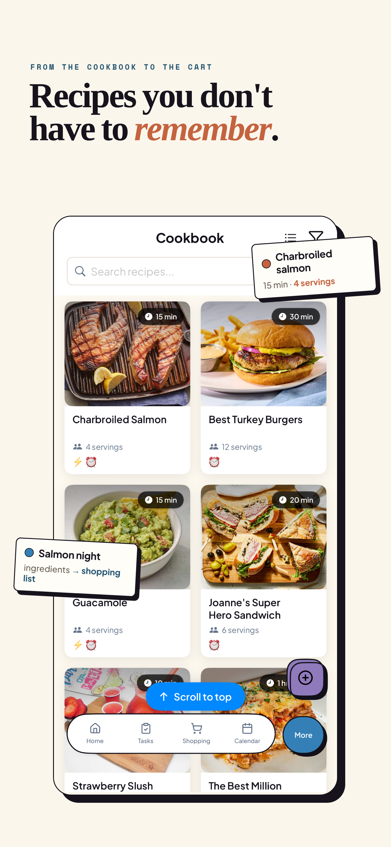 Clarity Home feature card showing cookbook recipes and ingredients sent to the shopping list