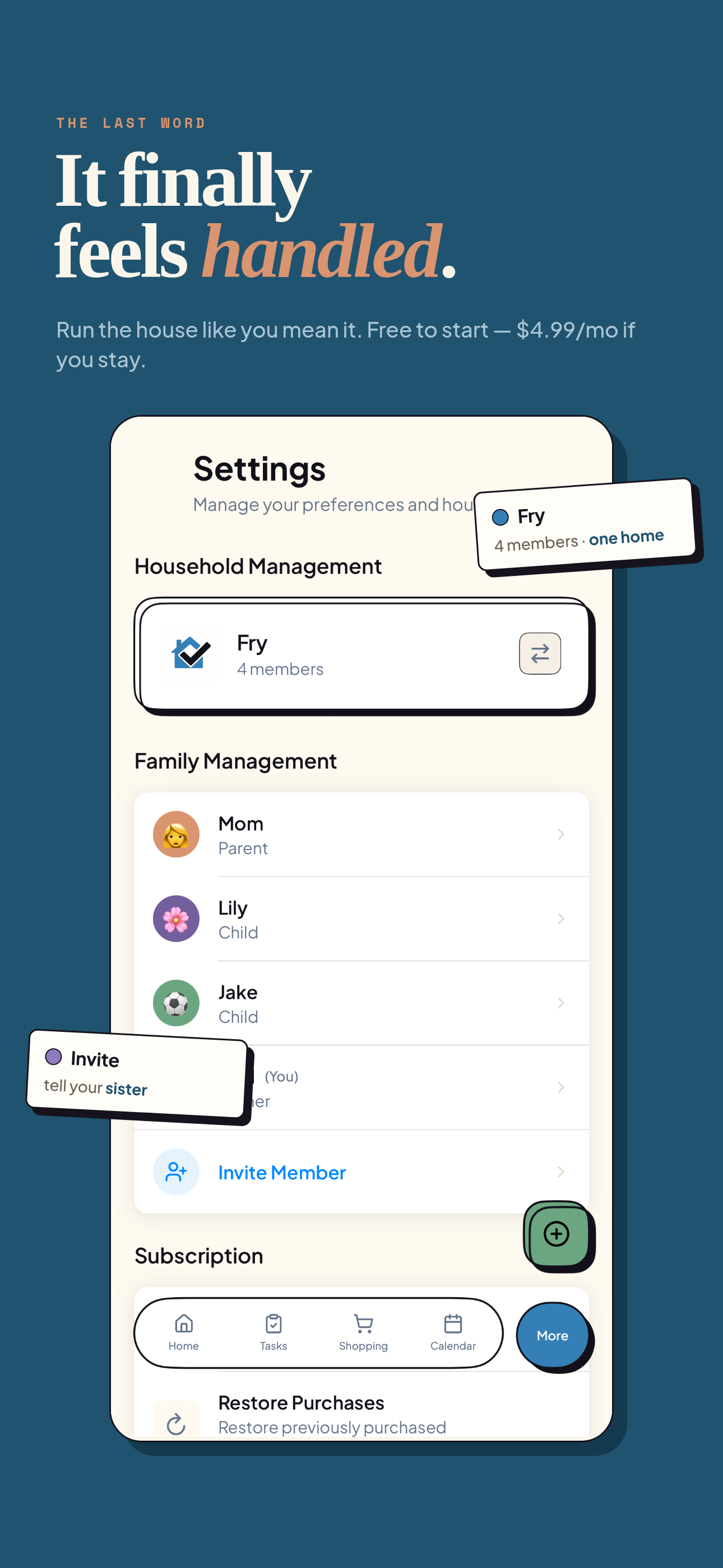 Clarity Home feature card showing household settings and the headline It finally feels handled